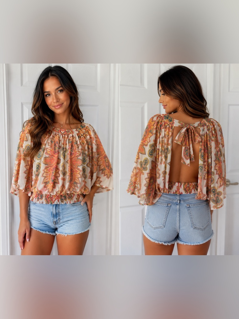 Flying Tomato White Top with Orange, Pink & Yellow Paisley